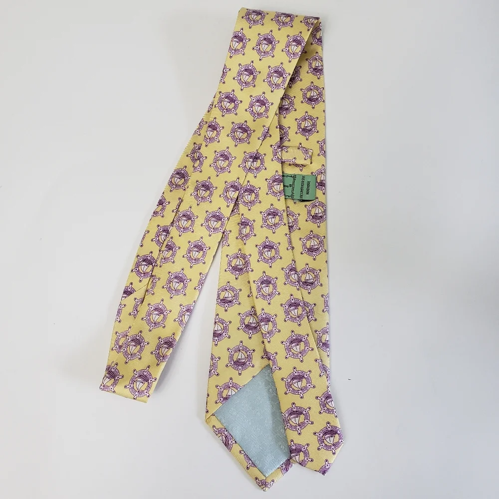 Vintage Nautical Sailboat Silk Tie Yellow Purple Ship Wheel Print Yacht Club
